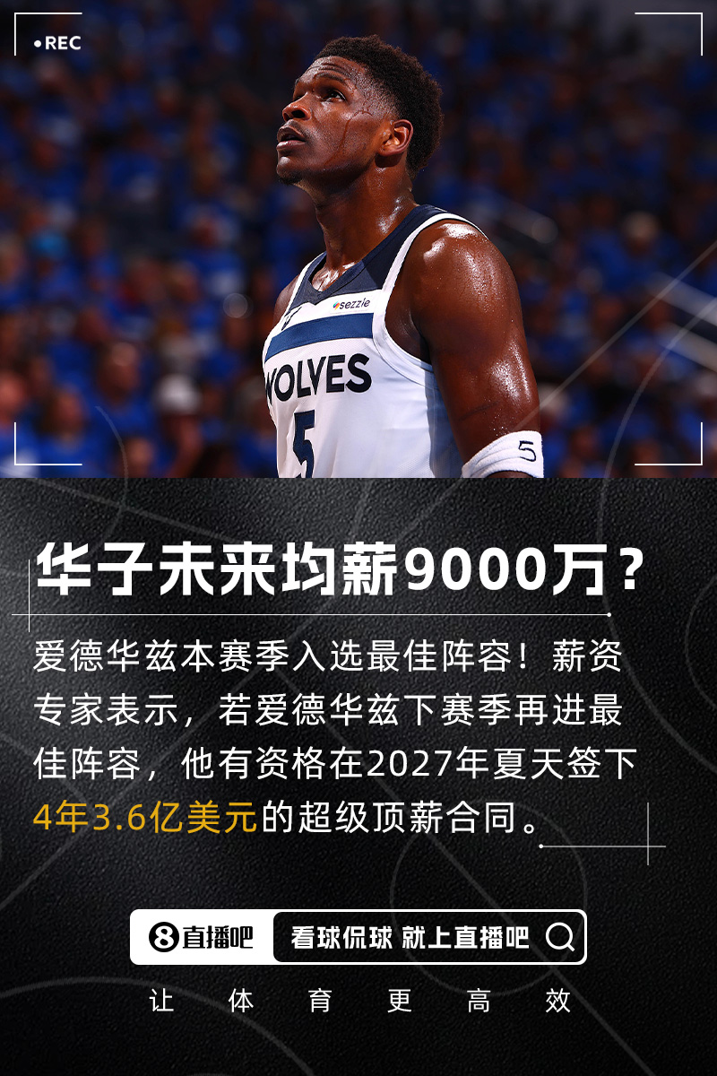 未来年薪1亿不是梦😲若爱德华兹下赛季再进最佳阵 可签4年3.6亿