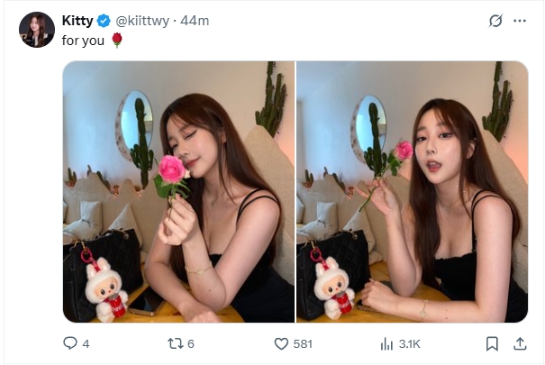 前英文流解说Kitty社媒更新自拍：“这朵花是送给你的🌸~”