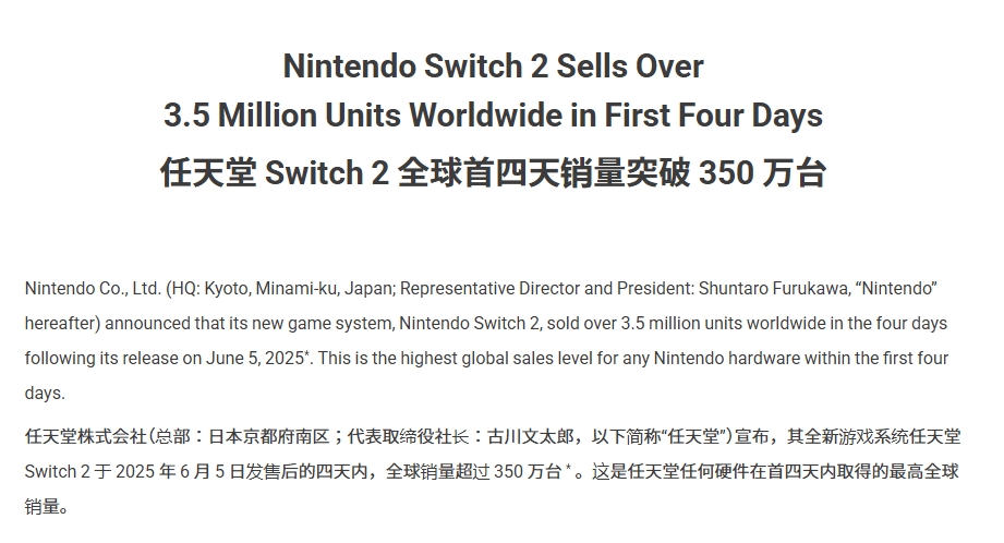 任天堂官宣：NS2发售前四天的全球销量突破350万