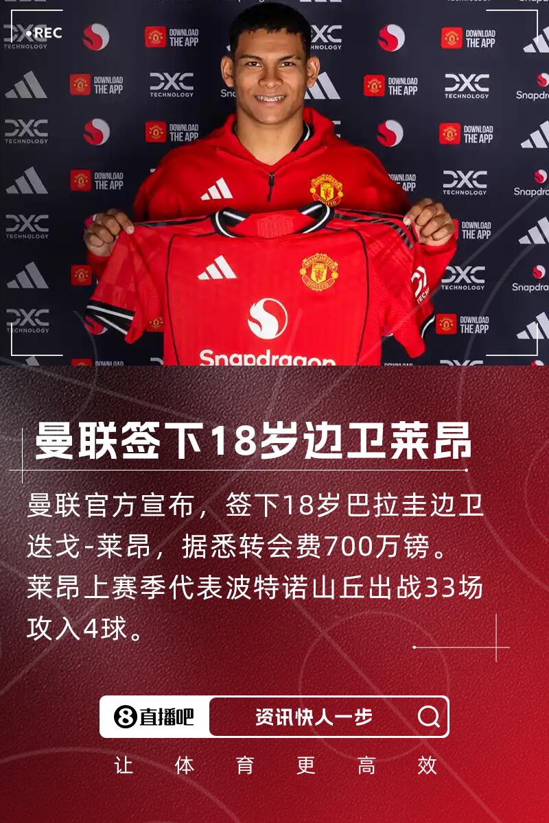 投资未来！官方：曼联签下18岁巴拉圭后卫莱昂，总价可达700万镑