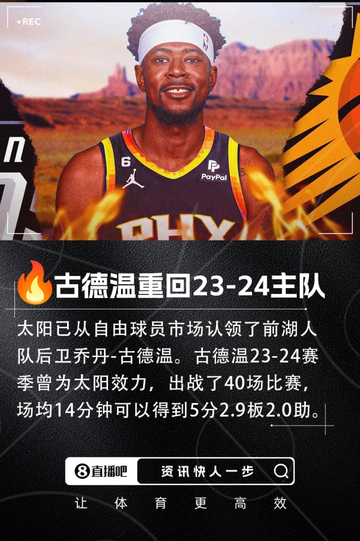 故地重游！Shams：太阳在澄清期认领了前湖人后卫古德温