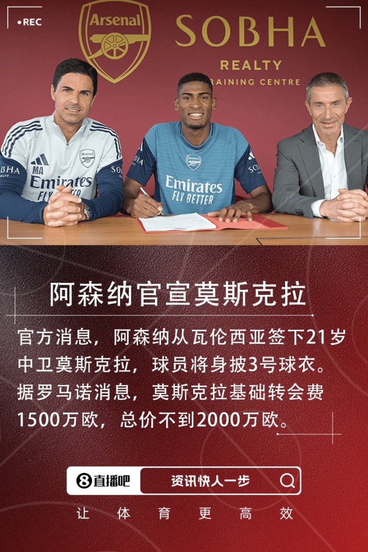 第五签！官方：阿森纳签下21岁中卫莫斯克拉，总价近2000万欧