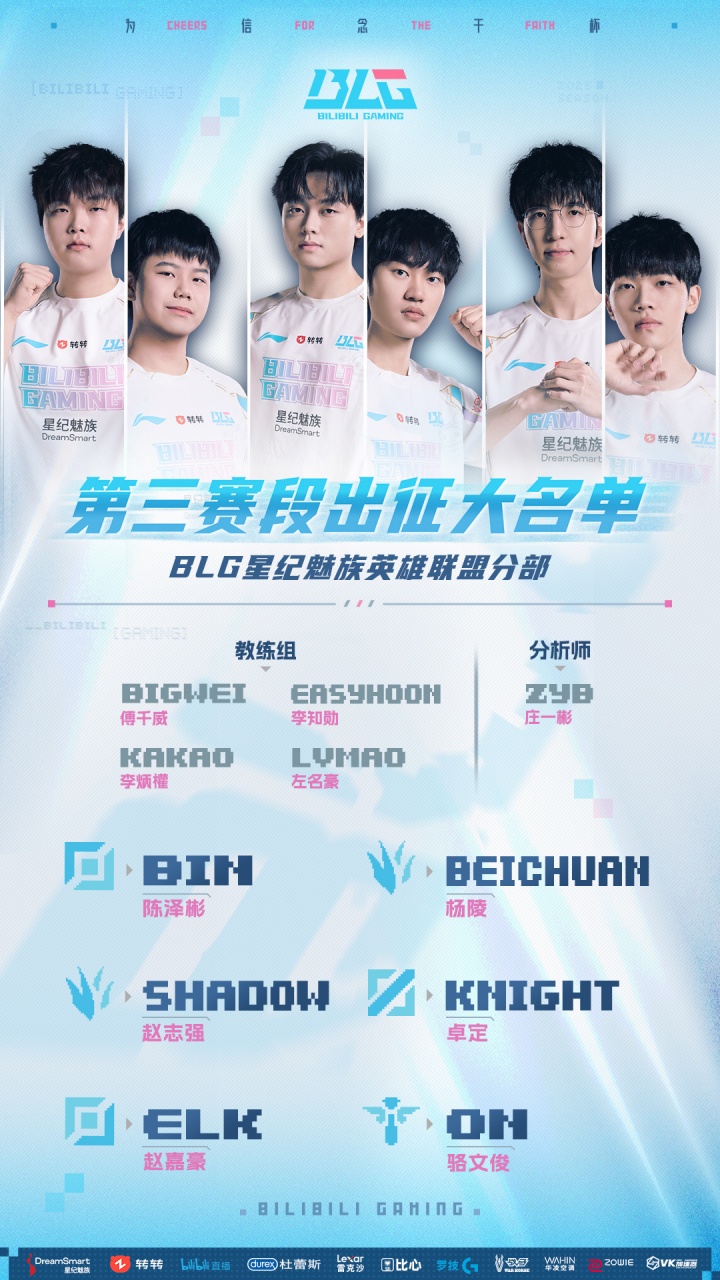 BLG分享第三赛段出征名单：主教练BigWei！Beichuan与Shad0w轮换