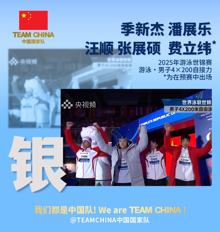 中国队4x200自接力分段成绩：潘展乐1分44秒41，张展硕1分44秒20