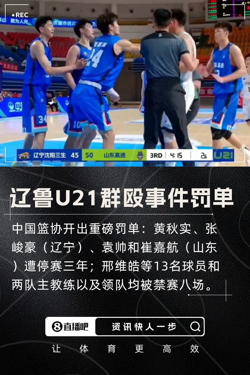 【篮球】重磅辽鲁U21群殴事件罚单：黄秋实等4人停赛3年 1