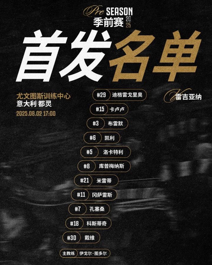 [尤文图斯]尤文vs雷吉亚纳首发：洛卡特利领衔，戴维迎首秀，布雷默首发出战