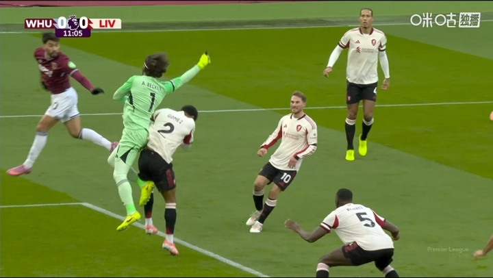 有点倒霉！阿利松出击与戈麦斯相撞，队医进场治疗后比赛继续