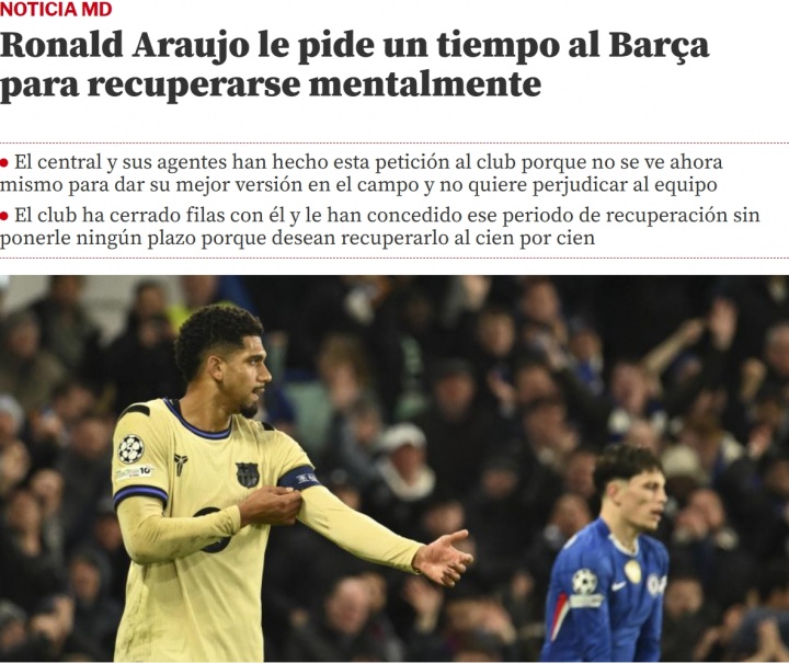 世体：阿劳霍染红后申请休假恢复心理，巴萨同意+给予无限期休假