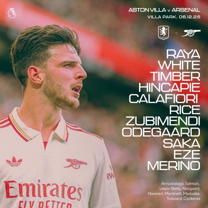 阿森纳客战维拉首发：本·怀特、赖斯、厄德高出战，萨利巴缺席