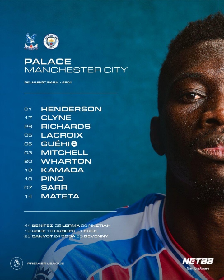 曼城客战水晶宫首发！