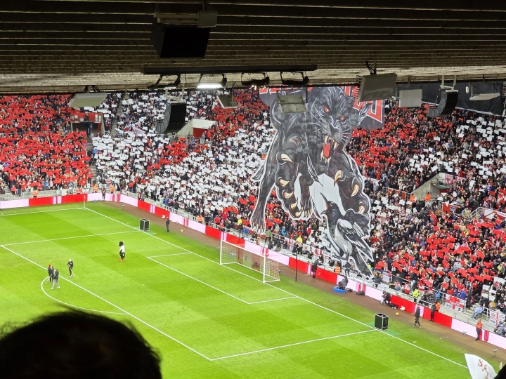 火药味十足?桑德兰震撼TIFO：黑猫撕咬喜鹊，东北德比再现英超