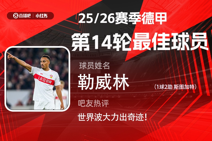 [体育资讯]直播吧X小红书|德甲第14轮最佳：勒威林当选！1球2助轰无解世界波(图1)