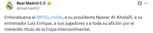 首届冠军皇马祝贺巴黎：恭喜巴黎、纳赛尔、恩里克和球员夺洲际杯