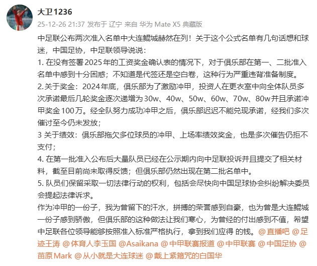 [体育头条]多达7名大连鲲城球员讨薪：冒名代签！怎么过的准入？已提交上诉(图2)