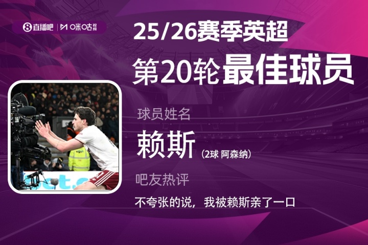 【阿森纳】直播吧X咪咕体育|英超第20轮MVP：赖斯当选！无