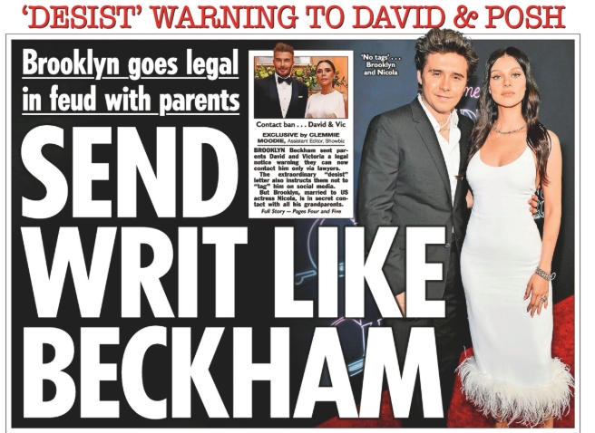 決裂！太陽報：長子向小貝和維多利亞發(fā)函，稱雙方只通過律師聯(lián)系