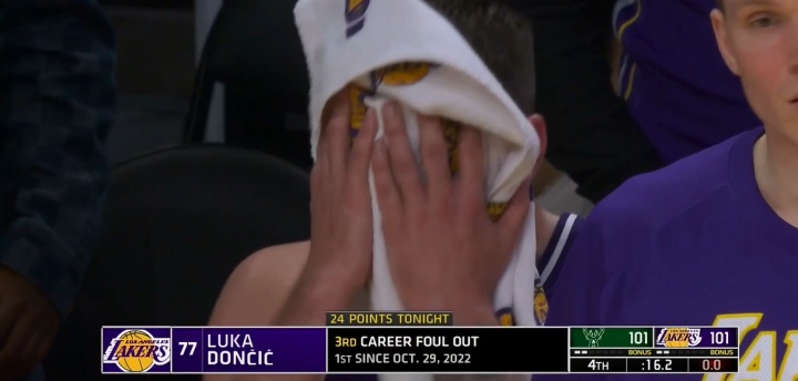 很沮喪??！東契奇湖人生涯首次犯滿離場(chǎng) 在替補(bǔ)席摔護(hù)腕&毛巾捂臉