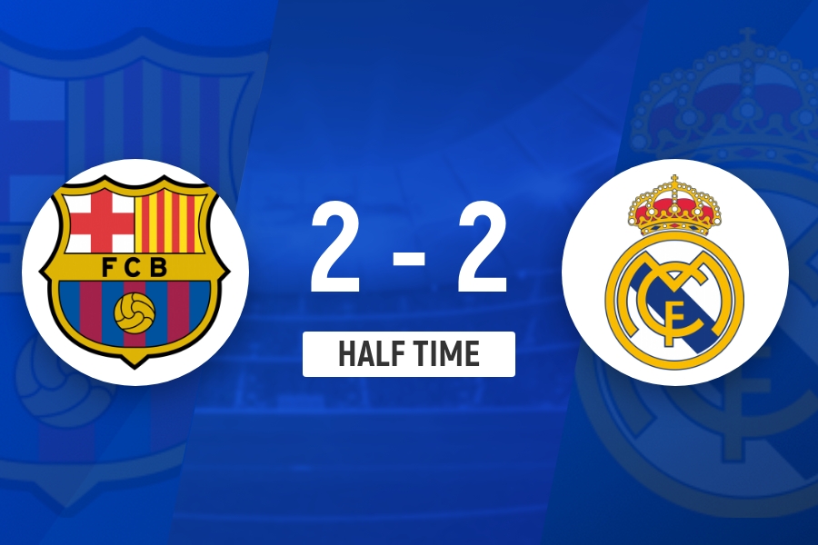 半场-巴萨2-2皇马 拉菲尼亚失单刀+破门莱万进球维尼修斯建功