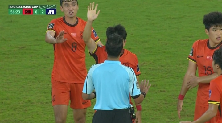 U23国足0-3落后日本U23，刘浩帆第57分钟手球送点，对手点射破门