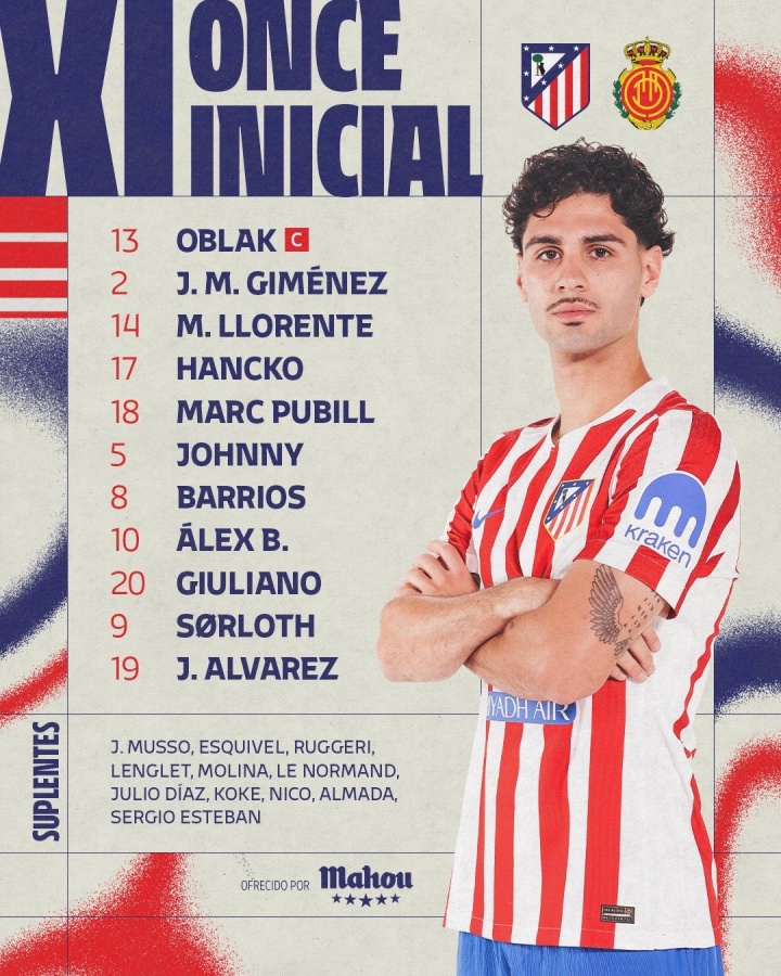 马竞vs马洛卡首发：阿尔瓦雷斯、瑟尔洛特先发，巴里奥斯出战