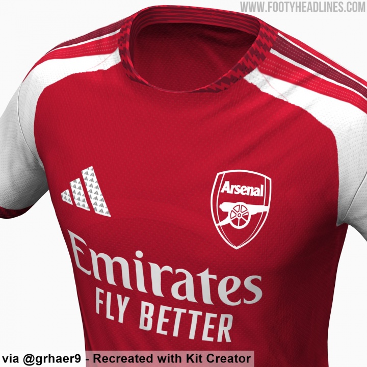 阿森纳26-27赛季主场球衣谍照：两种红色搭配，衣领袖口锯齿纹