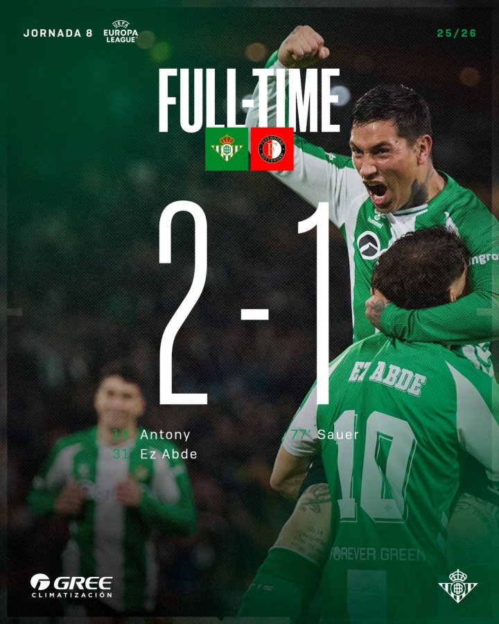 直通欧联16强！贝蒂斯2-1费耶诺德 安东尼半场传射阿布德建功