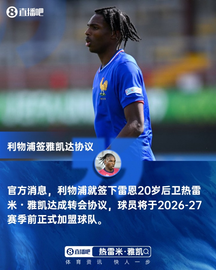 官方：利物浦签20岁雷恩中卫雅凯达成协议，总价7200万欧今夏加盟