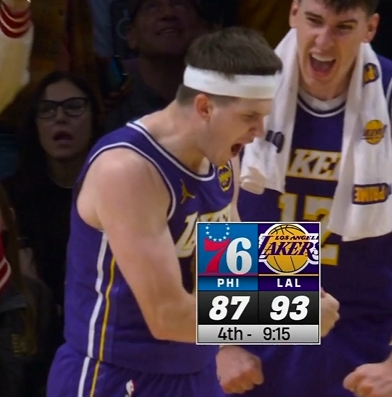 [体坛热讯]主场响起MVP喊声！里夫⭐斯接锅超远压✌️哨+强➡️投连进2三分助湖人反超(图1)