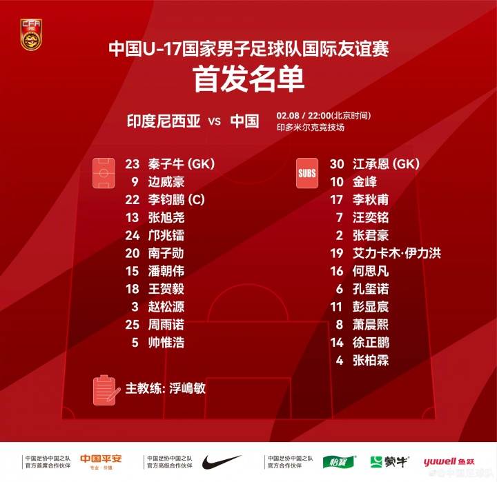 中国U-17国家男子足球队国际友谊赛，中国队首发阵容出炉！