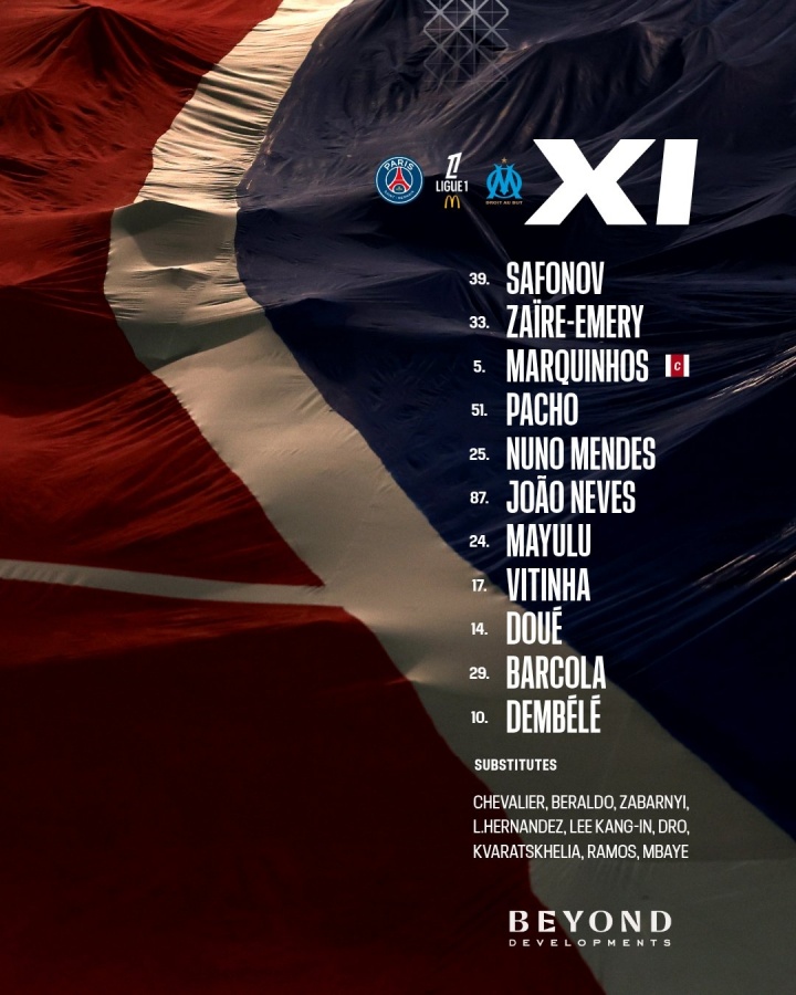 巴黎国家德比首发：登贝莱、维蒂尼亚出战，K77、新援德罗替补