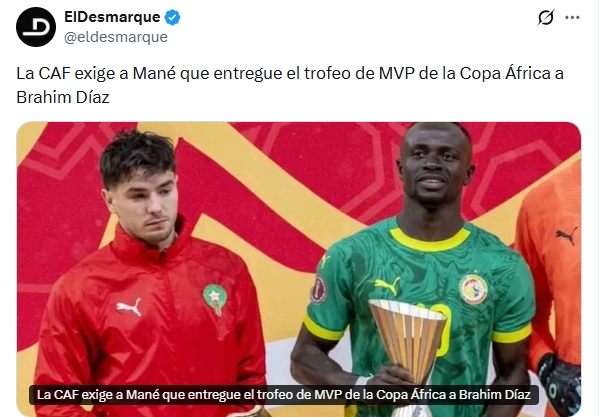 真实性存疑！网传非洲足联要马内归还非洲MVP奖杯，想颁给迪亚斯