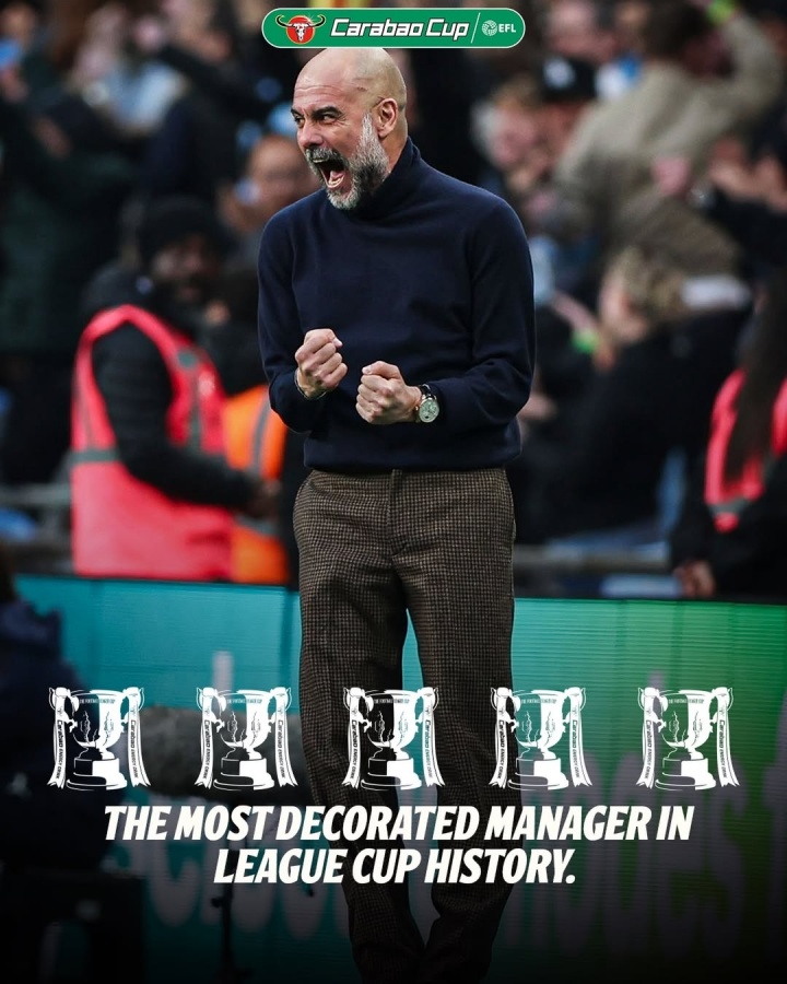 [滚动快讯]名帅有能！瓜迪奥拉率曼城夺冠，成为历史首个5夺联赛杯冠军主帅(图1)