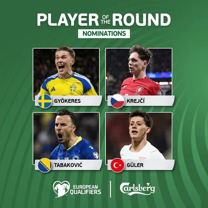 欧洲世预赛附加赛决赛最佳球员候选：居莱尔、约克雷斯在列