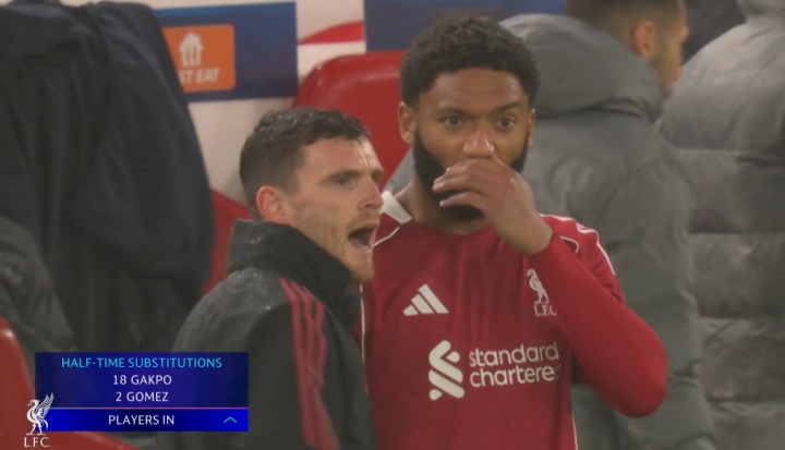 利物浦半场连换两人，加克波、戈麦斯登场伊萨克、弗林蓬下场