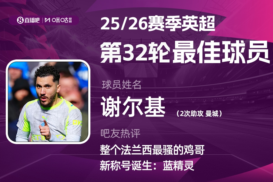 【值得一看】直播吧X咪咕体育|英超第32轮MVP：谢尔基！助攻双响助力曼城争冠