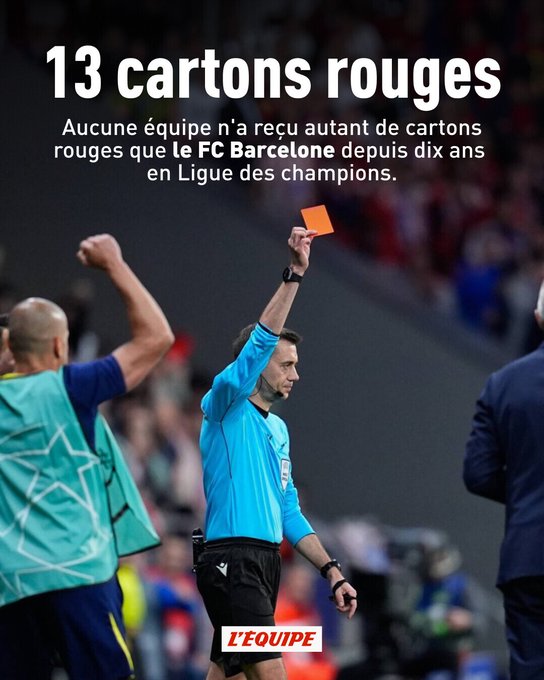 [值得一看]队报：巴萨近10届欧冠拿13张红牌，红牌数量是同