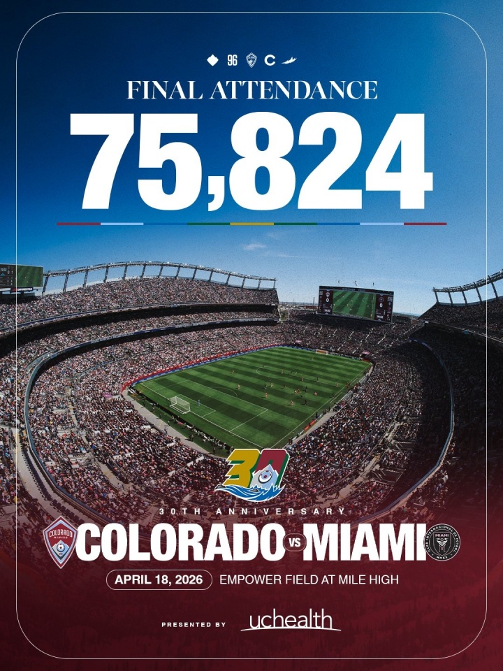 科罗拉多官方：主场迎战迈阿密比赛上座75824人，刷新队史纪录！