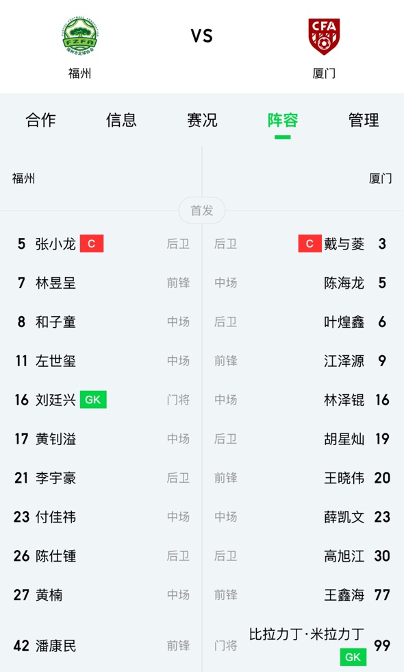 张雷执法！闽超揭幕战福州vs厦门首发：张小龙、戴与菱出任队长