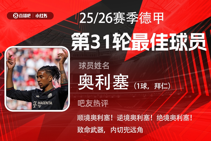[体育头条]直播吧X小红书|德甲第31轮最佳：奥利塞轰世界波，助拜仁让3追4(图1)
