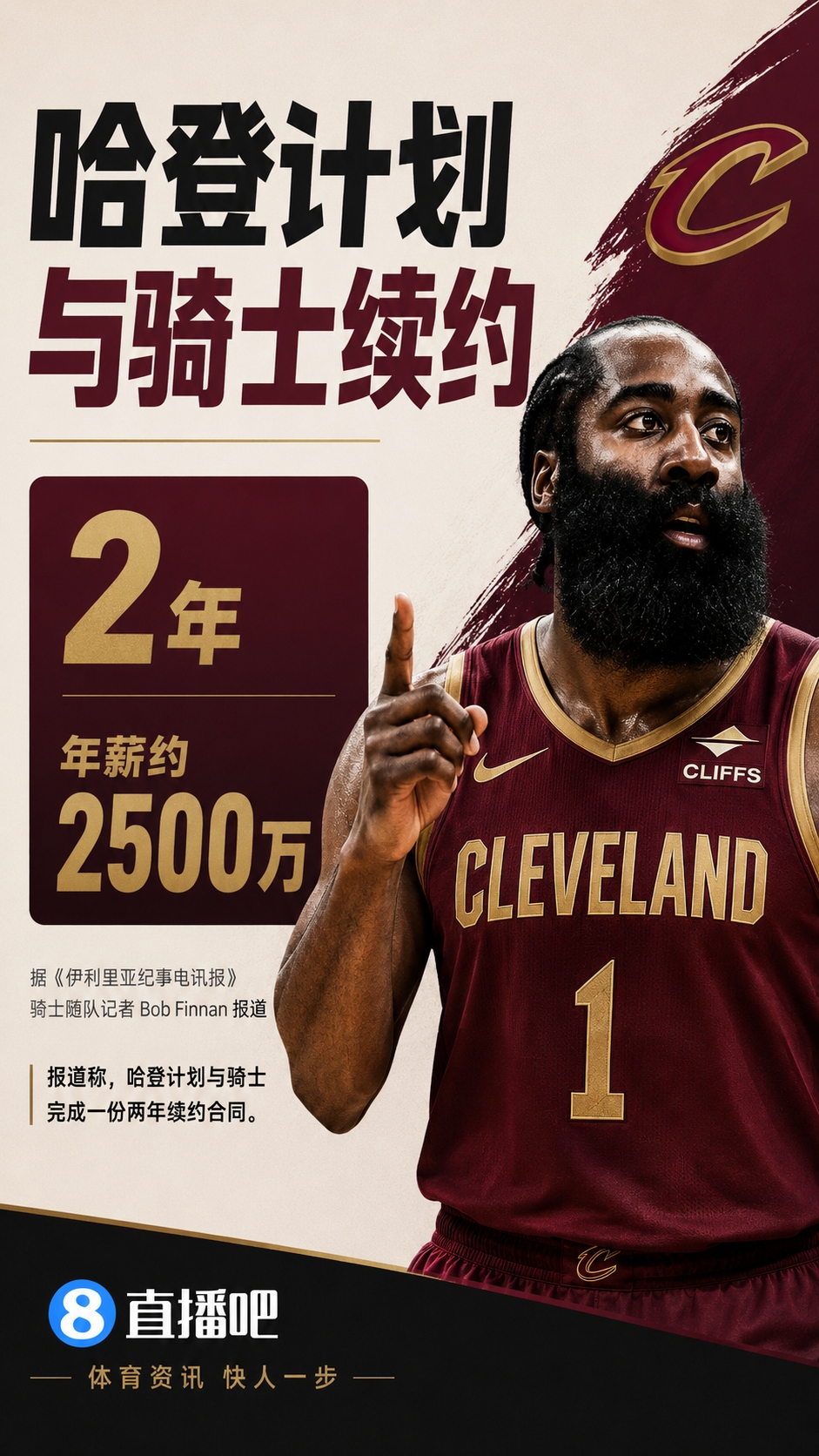 [球场观察]骑士记者：哈登计划与骑士续约两年 年薪约2500万(图1)