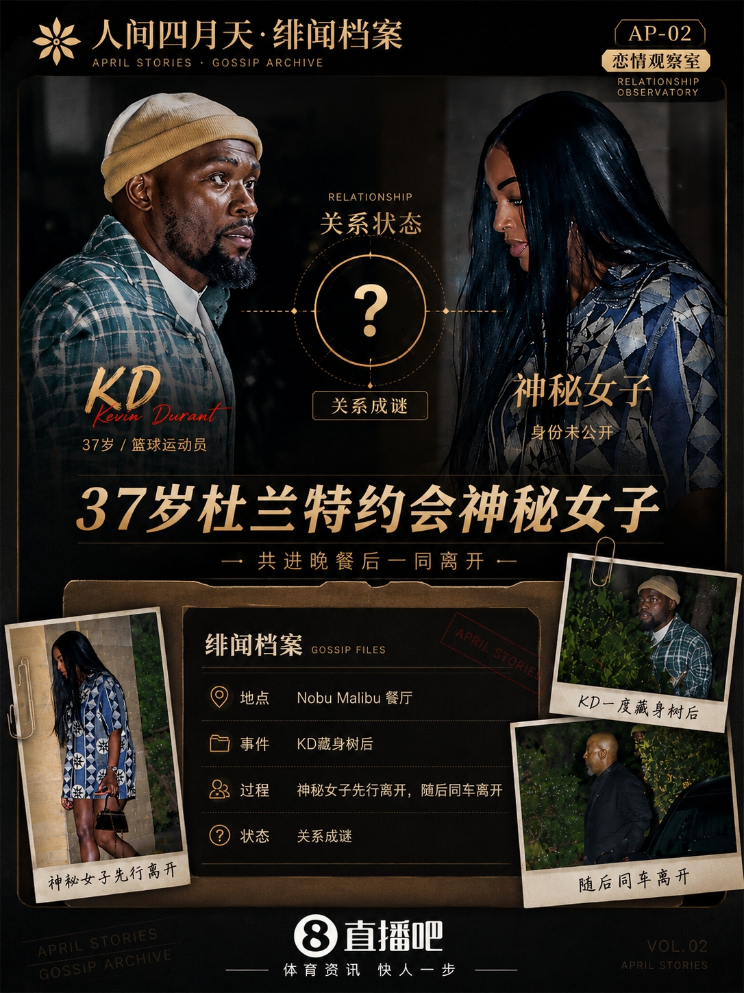 [体育头条]恋爱咯？37岁杜兰特与神秘女子约会 一度藏身树后