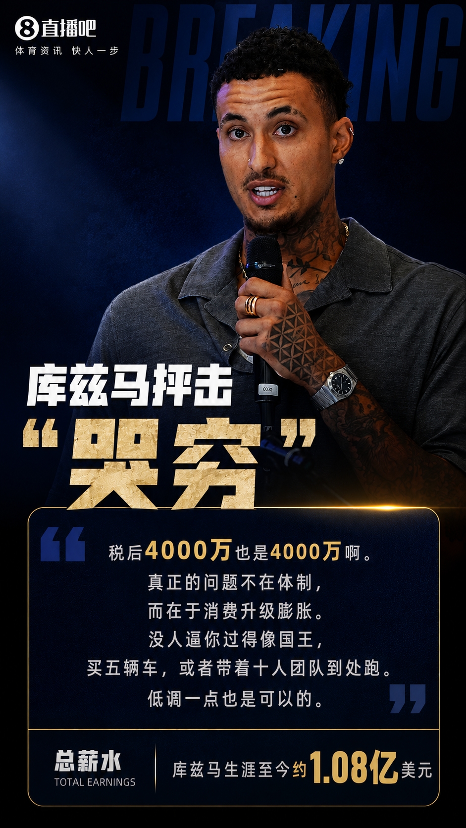 [你怎么看？]库兹马抨击球员哭穷：税后4000万也是4000