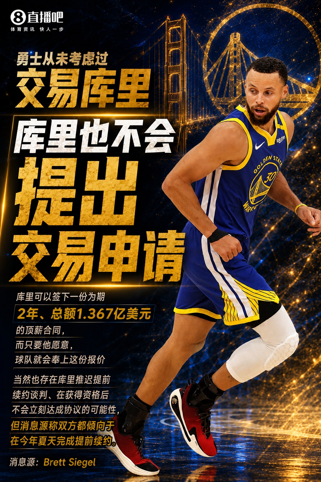 2年1.367亿~名记：库里不会申请交易 他和勇士都打算今夏提前续约