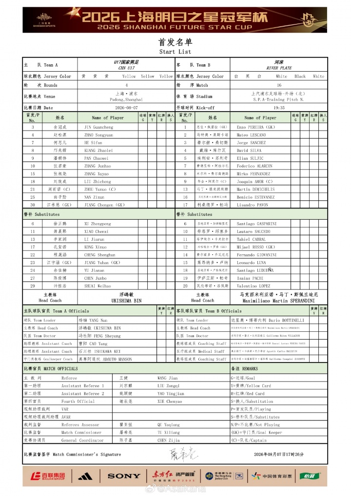 U17国足半决赛vs河床首发：赵松源、邝兆镭、周雨诺、何思凡先发