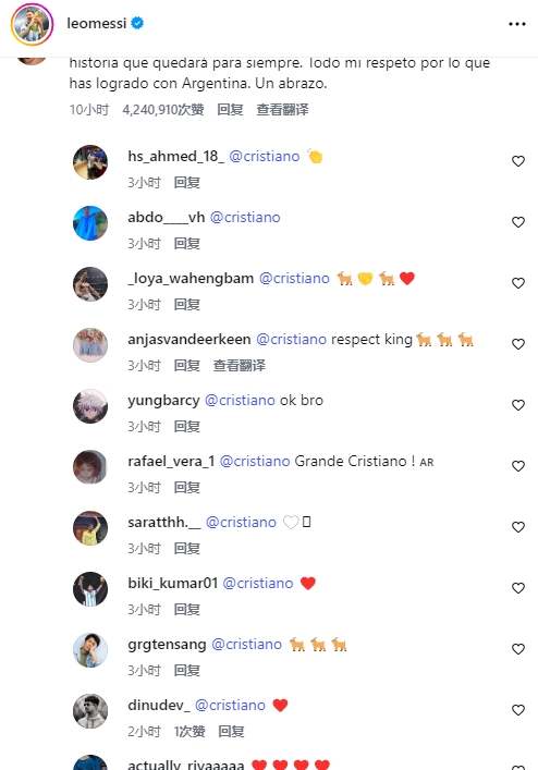 备受好评！C罗留言致敬梅西，获420万+点赞：球迷回复：?❤️