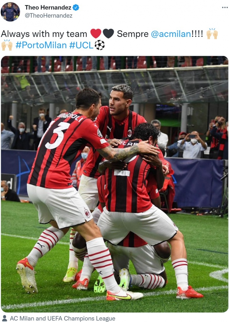 特奥发文鼓励米兰永远与我的球队同在加油米兰