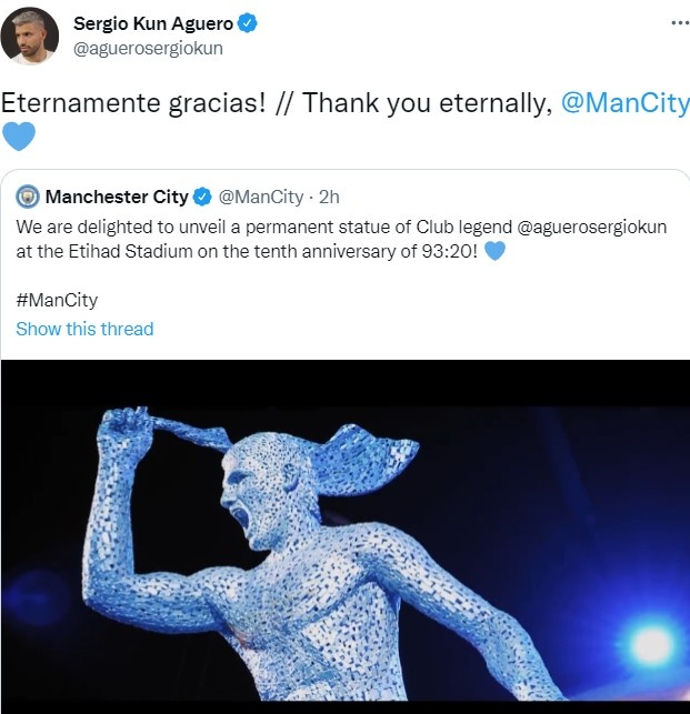 阿圭罗感谢曼城树立雕像，推特发文：永远感激你，曼城！