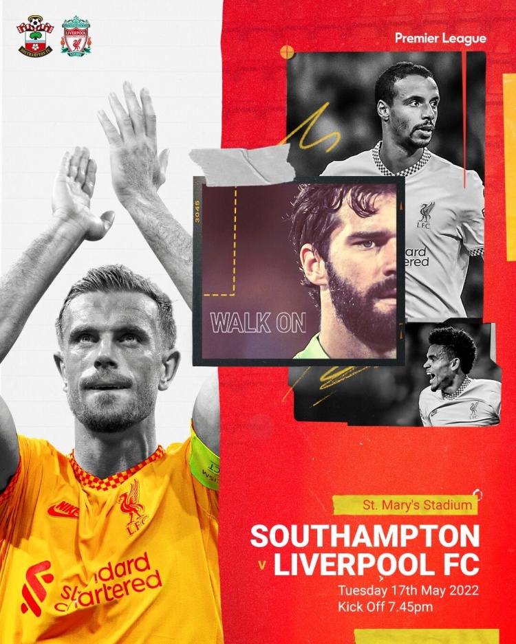利物浦发布客战南安普顿赛前海报：亨德森、阿利森、马蒂普等出镜