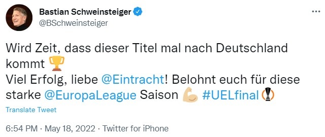 施魏因施泰格社媒为法兰克福加油：欧联奖杯是时候来德国了！