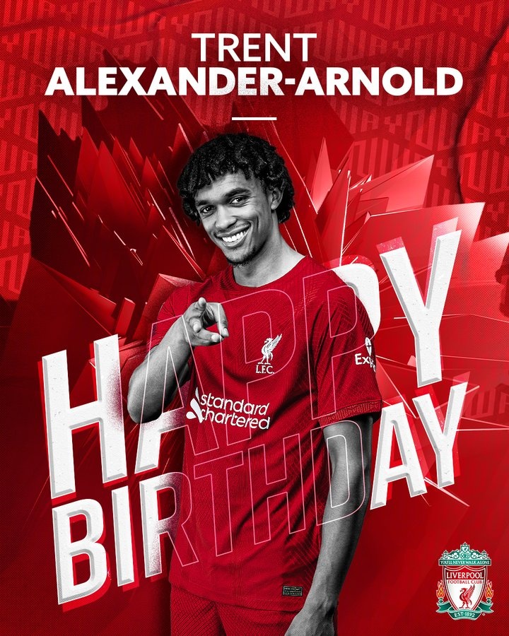 阿诺德迎来24岁生日，利物浦发文祝贺这位大满贯的俱乐部青训